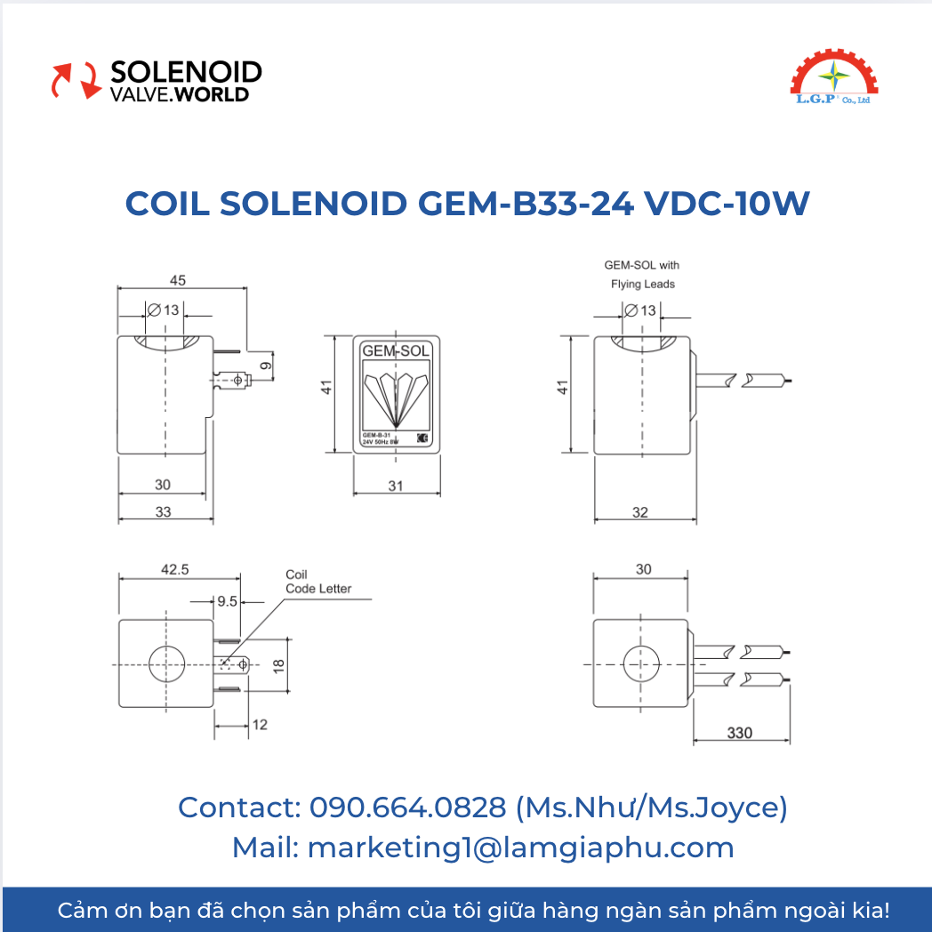 Coil Solenoid GEM-B33-24 VDC-10W