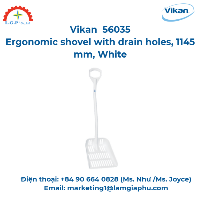 Xẻng công thái học có lỗ thoát nước, Vikan 56035, 1145 mm, Trắng
